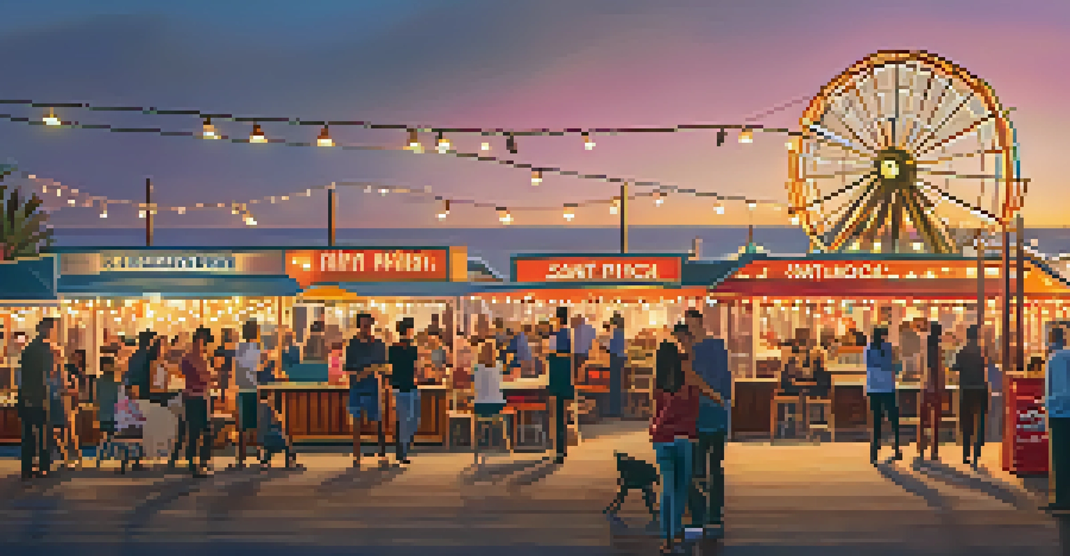 A cozy evening at Santa Monica Pier with food trucks and people enjoying meals under string lights at sunset.
