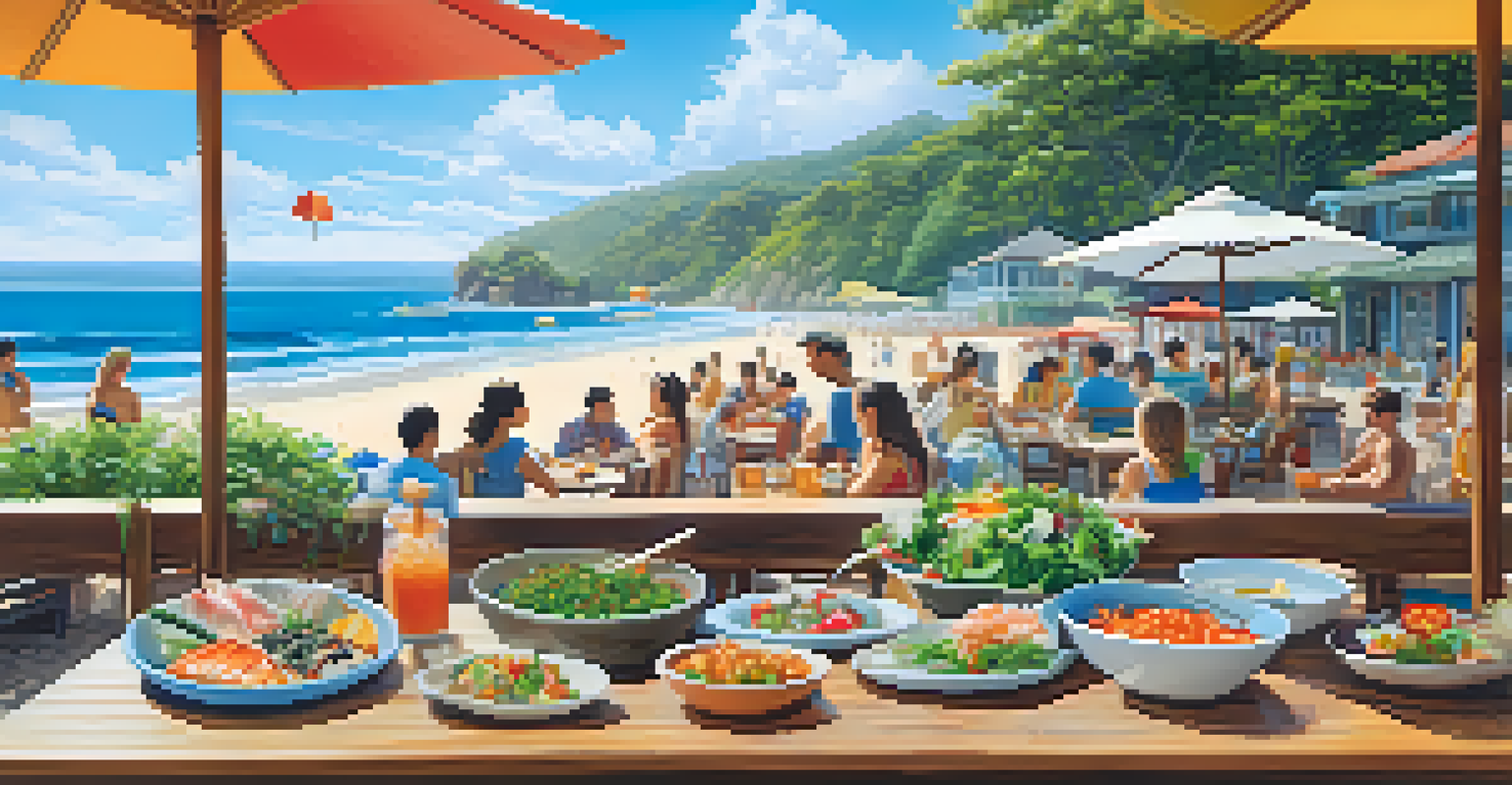 An outdoor dining scene with a poke bowl and beach in the background, creating a relaxed atmosphere.