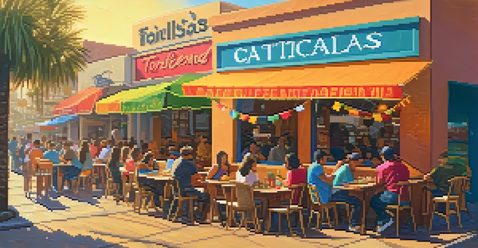 A lively outdoor Mexican taqueria in Santa Monica with colorful decorations and people enjoying tacos.