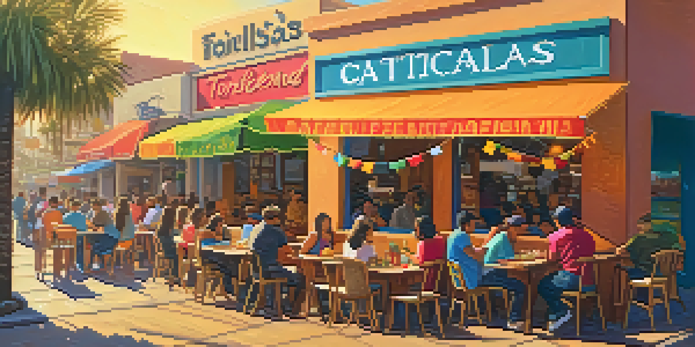 A lively outdoor Mexican taqueria in Santa Monica with colorful decorations and people enjoying tacos.