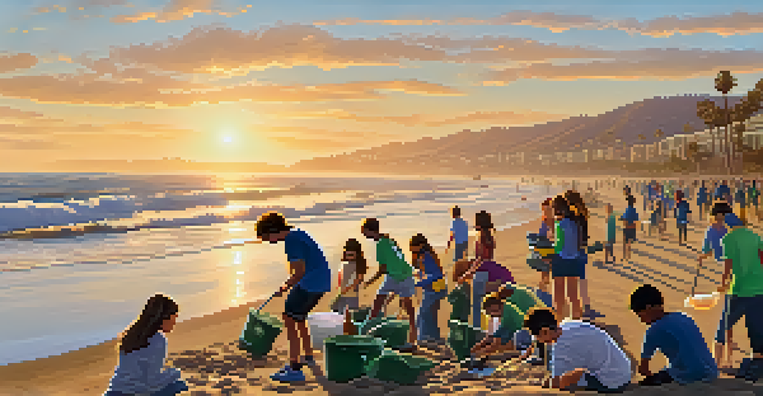 Students participating in a beach cleanup event at Santa Monica, with the sunset and ocean waves in the background.