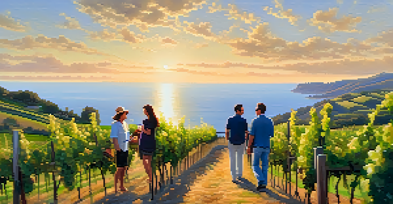 A beautiful vineyard on a hillside with grapevines and ocean views, where visitors enjoy a guided tour while holding glasses of wine.