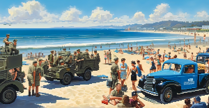 A historical scene depicting military personnel and local residents interacting on Santa Monica beach during World War II, with vintage vehicles and a sunny backdrop.