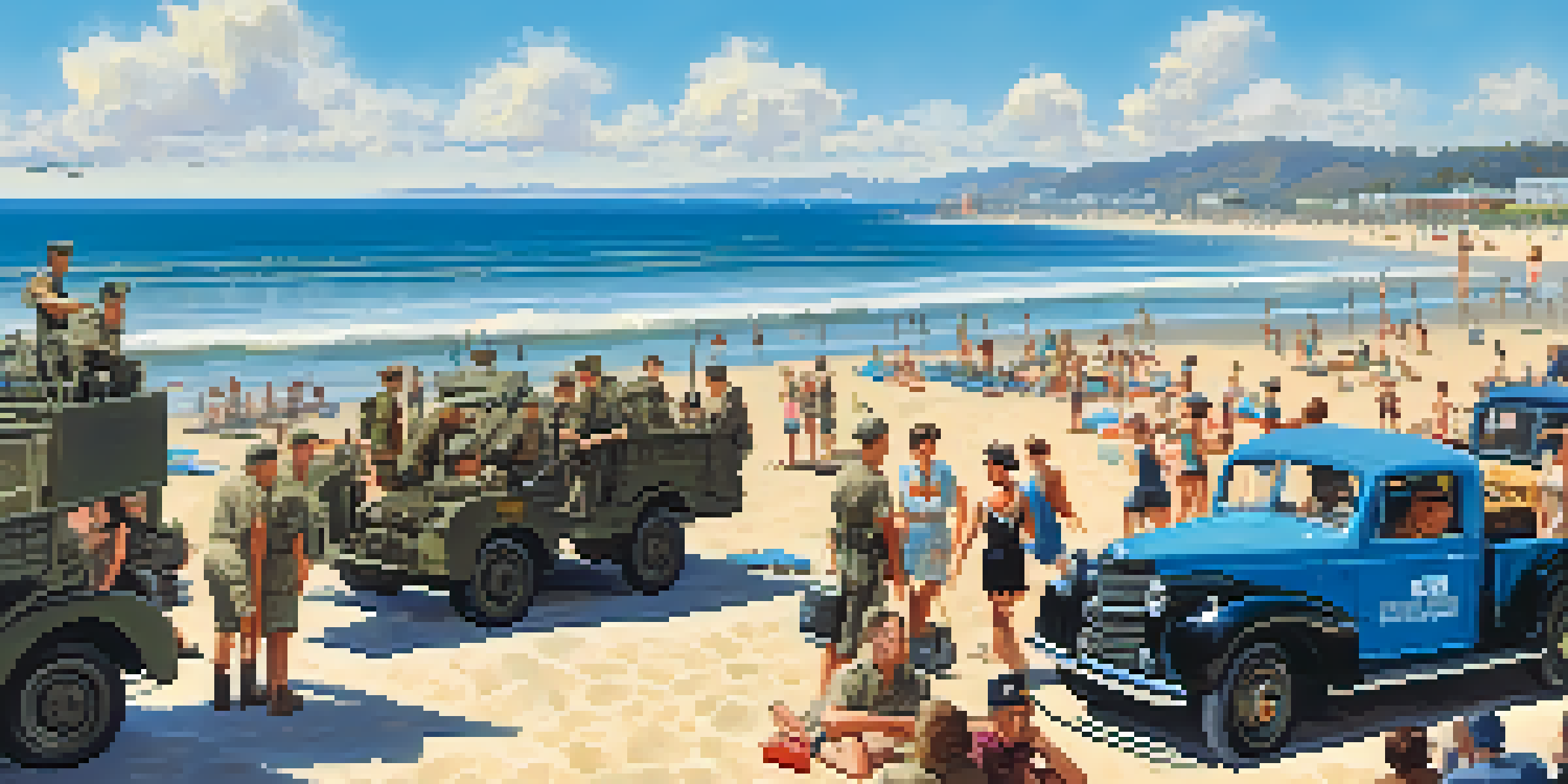 A historical scene depicting military personnel and local residents interacting on Santa Monica beach during World War II, with vintage vehicles and a sunny backdrop.