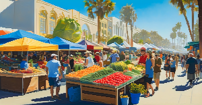 A bustling farmers market with colorful stalls, fresh produce, flowers, and artisans, under a bright blue sky with palm trees.