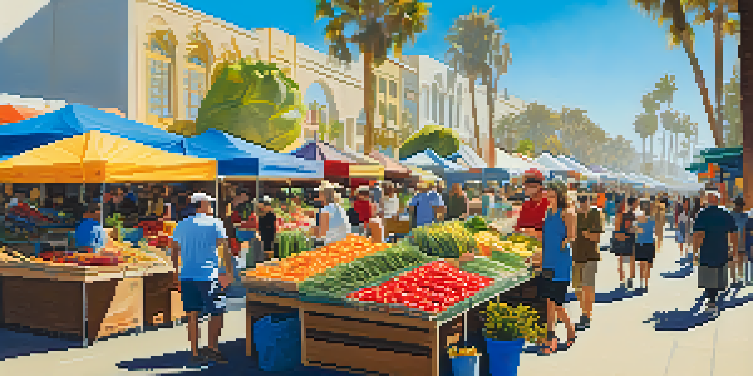 A bustling farmers market with colorful stalls, fresh produce, flowers, and artisans, under a bright blue sky with palm trees.