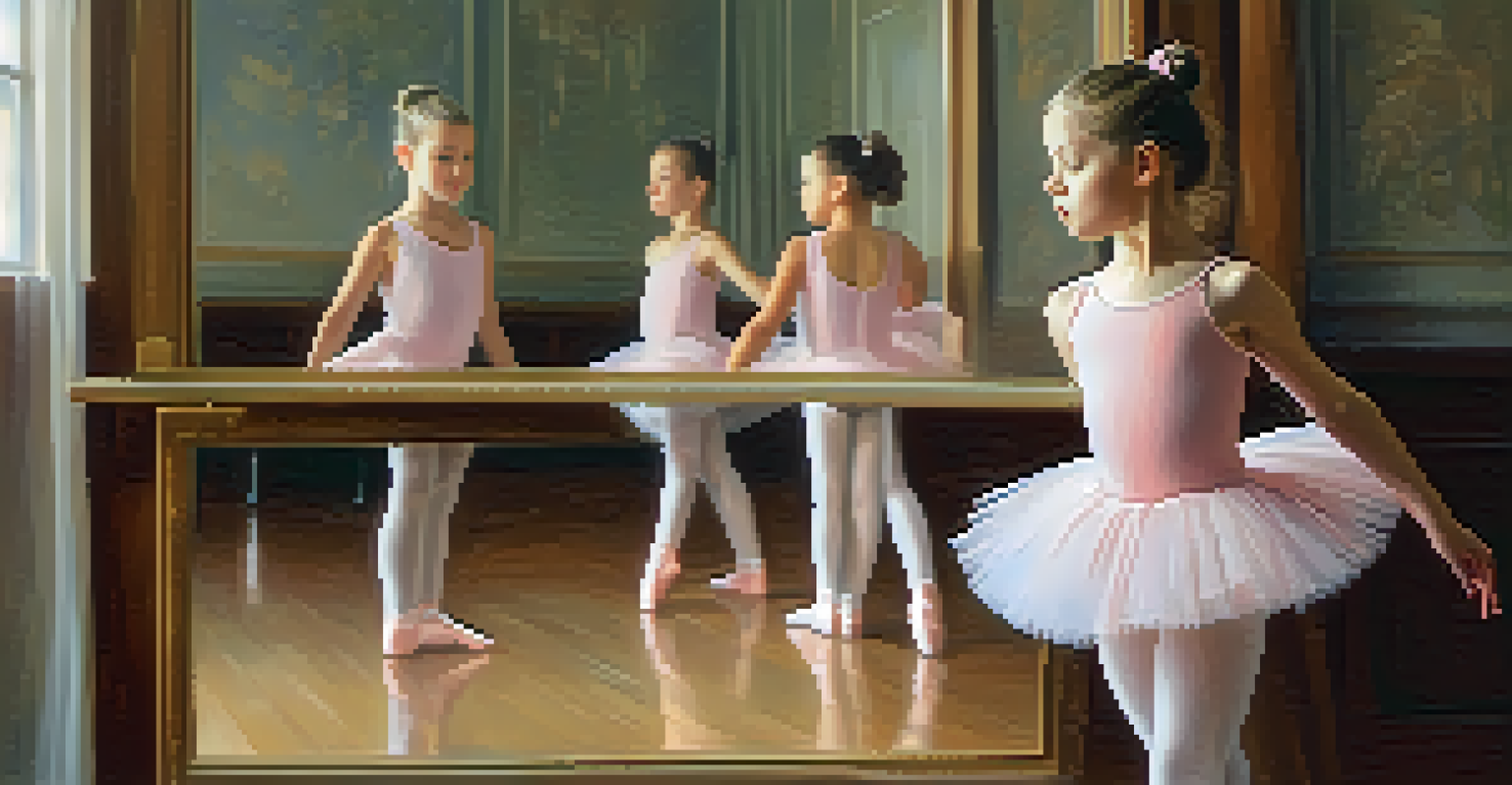 A young girl in a pink ballet outfit practicing her moves in front of a mirror, with sunlight illuminating her.