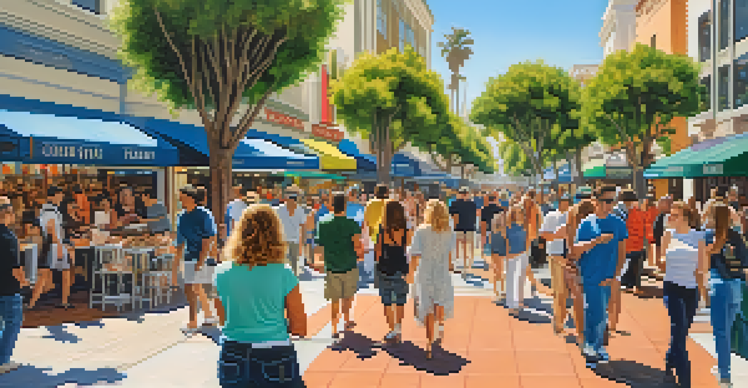 A lively outdoor shopping scene at Third Street Promenade in Santa Monica, featuring diverse visitors, colorful shops, and street performers.
