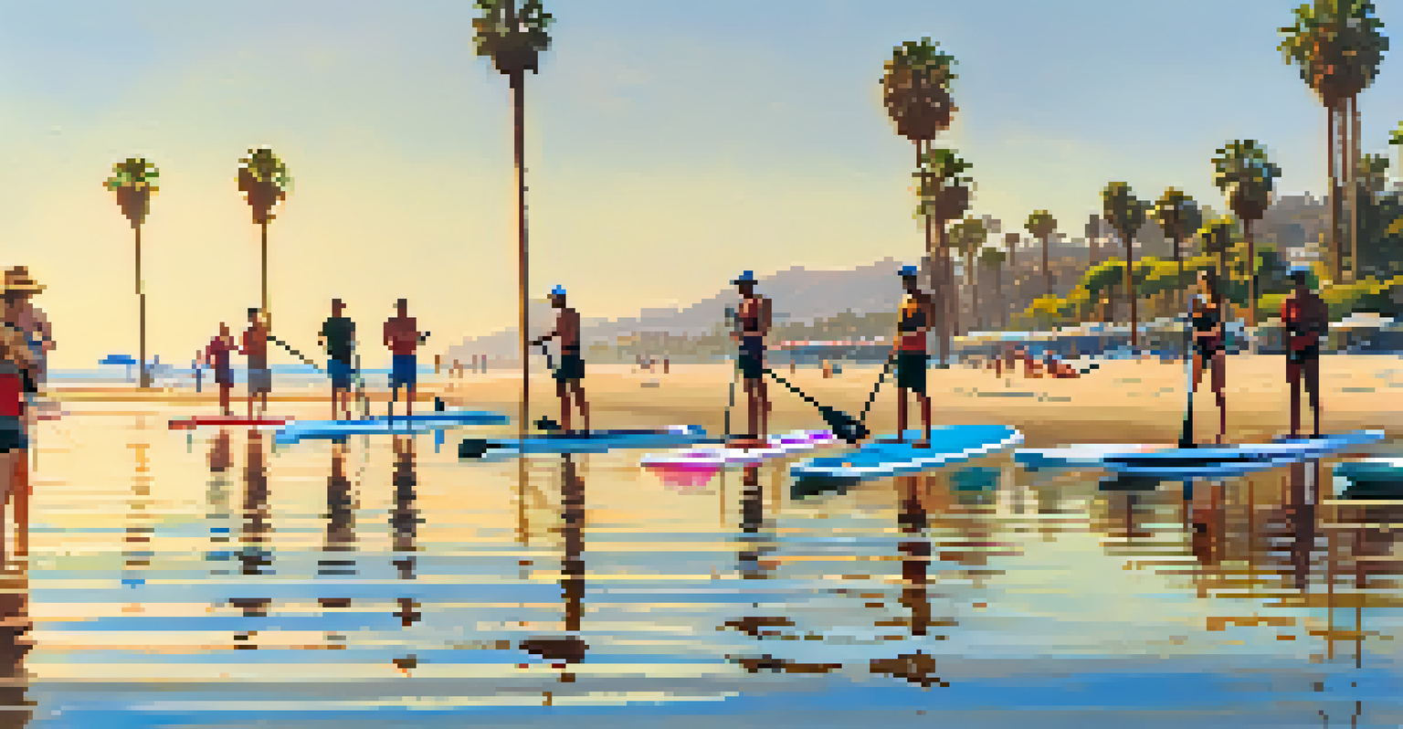 People stand-up paddleboarding on calm waters with a scenic beach and palm trees in the background.