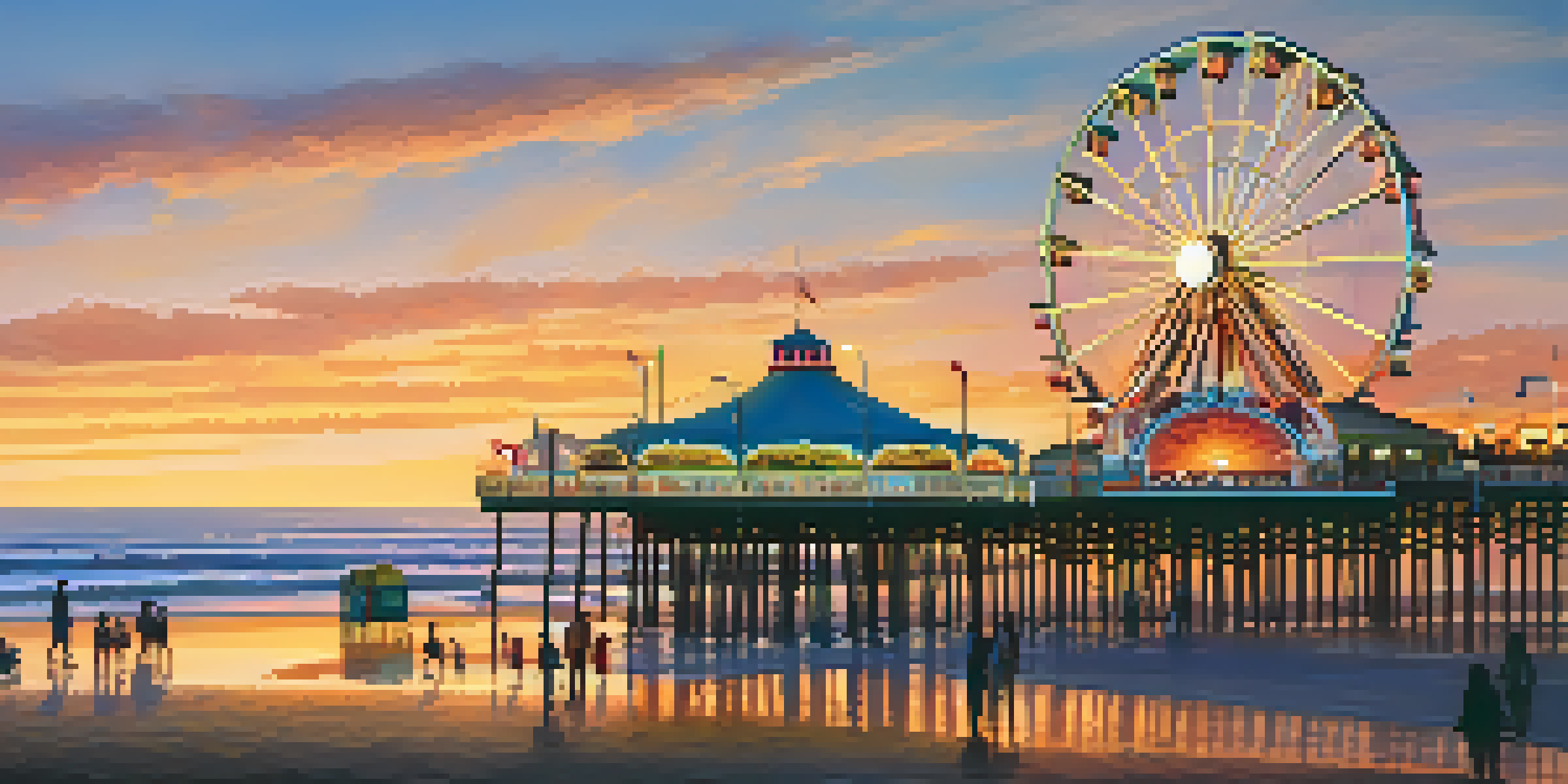 A colorful sunset view of Santa Monica Pier with families and palm trees, capturing a lively beach atmosphere.