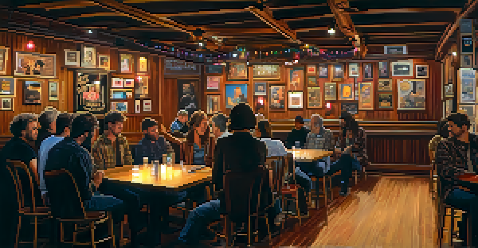 Interior view of The Troubadour venue with warm lighting, a performance stage, and patrons enjoying a cozy atmosphere.