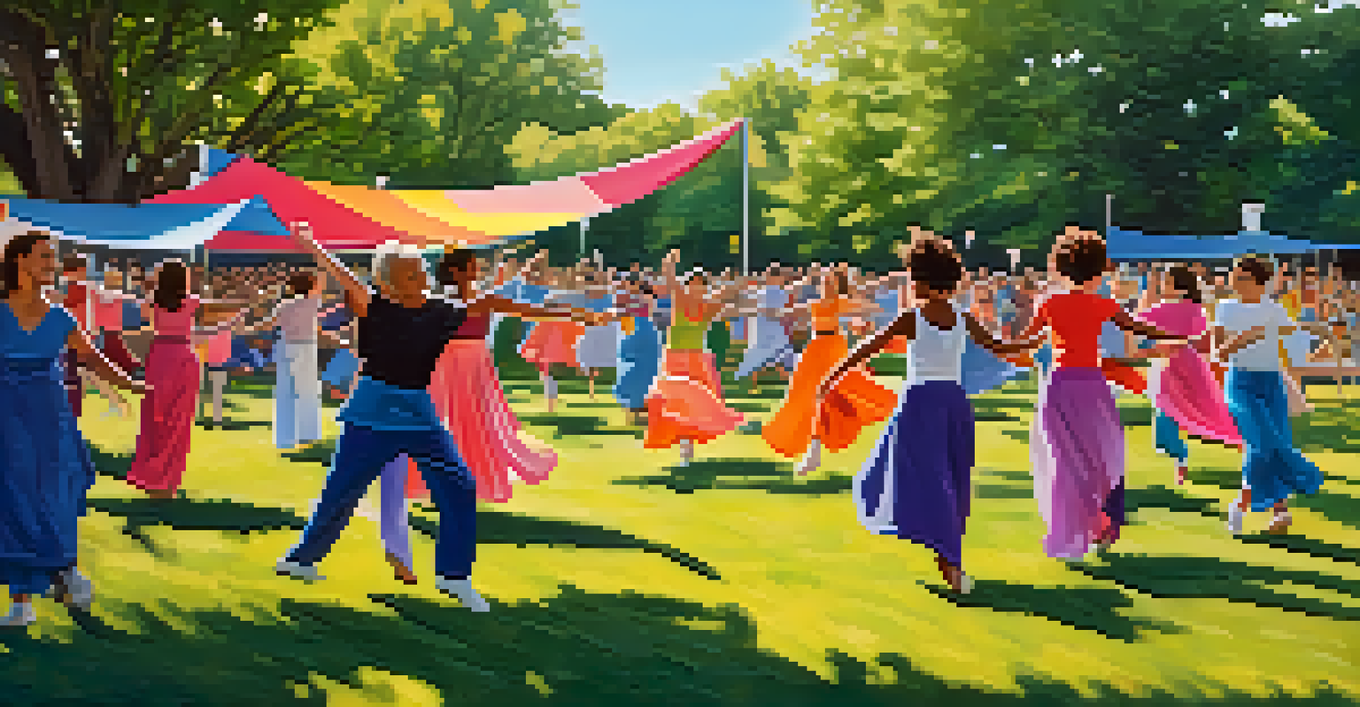 A vibrant outdoor dance workshop in a park, with people of all ages joyfully participating in contemporary dance amidst colorful banners.