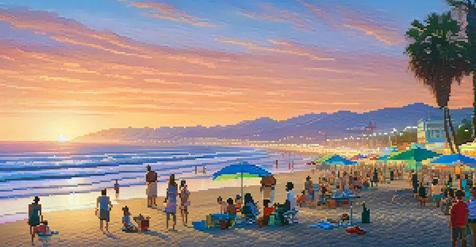 A scenic sunset view of Santa Monica beach with a family having a picnic on the sand and the Santa Monica Pier in the background.