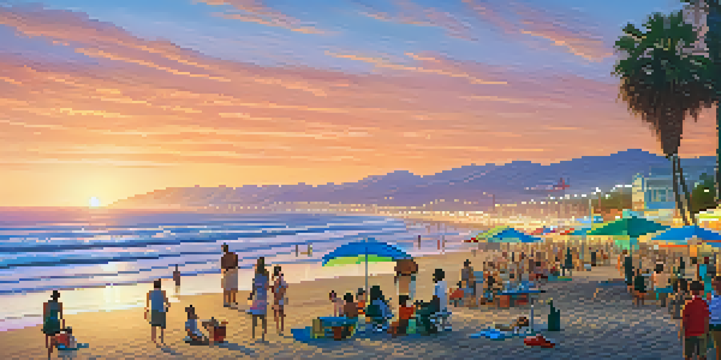 A scenic sunset view of Santa Monica beach with a family having a picnic on the sand and the Santa Monica Pier in the background.