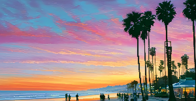 A colorful sunset over Santa Monica Beach with silhouettes of palm trees and people walking along the shore.