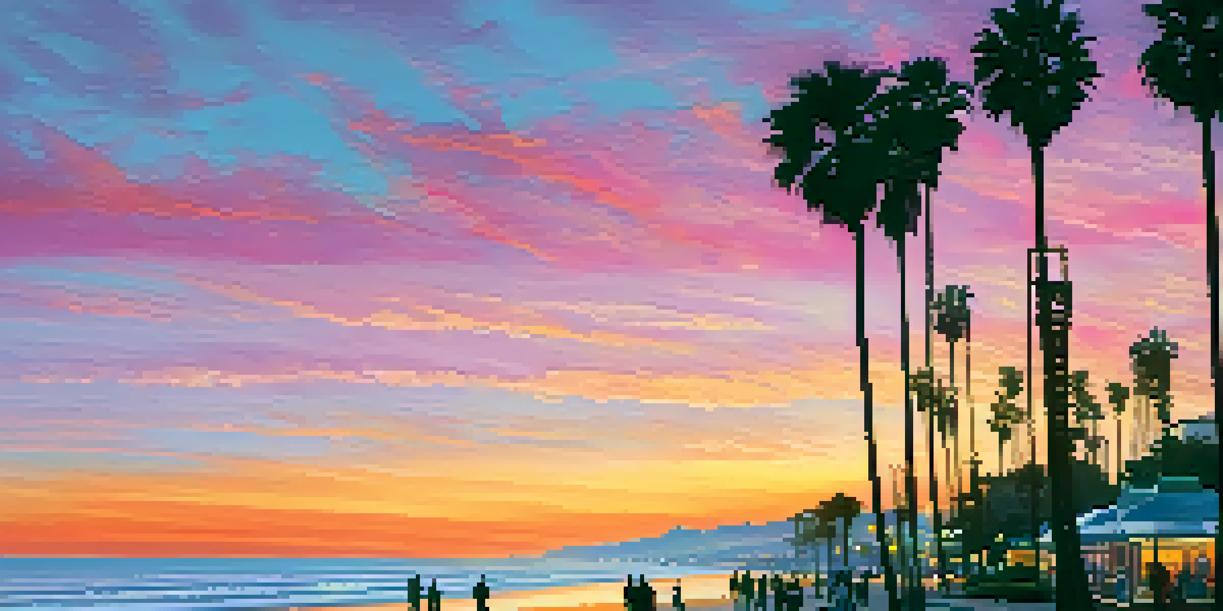 A colorful sunset over Santa Monica Beach with silhouettes of palm trees and people walking along the shore.