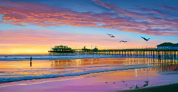 A colorful sunset over Santa Monica Beach with the pier in silhouette and seagulls in the sky.