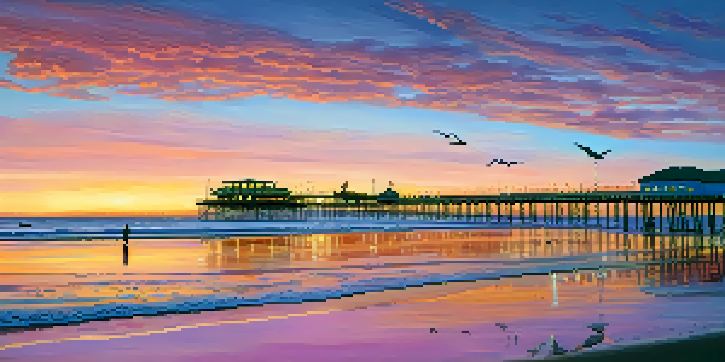 A colorful sunset over Santa Monica Beach with the pier in silhouette and seagulls in the sky.