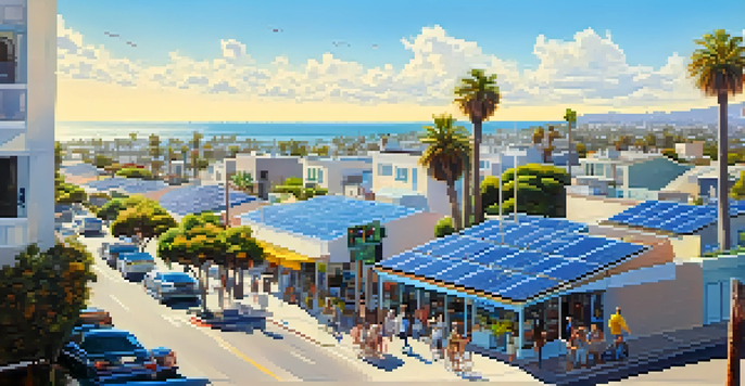 A sunny Santa Monica cityscape featuring solar panels on rooftops, palm trees, and people enjoying the outdoors.