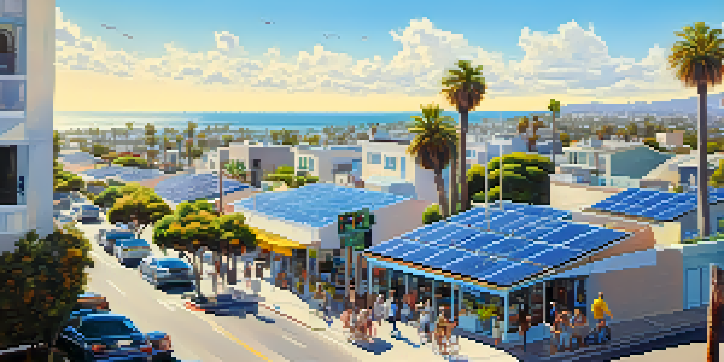 A sunny Santa Monica cityscape featuring solar panels on rooftops, palm trees, and people enjoying the outdoors.