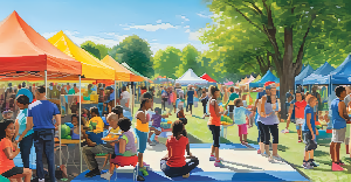 A lively community health fair in a sunny park, featuring diverse families, colorful booths, and various health-related activities.