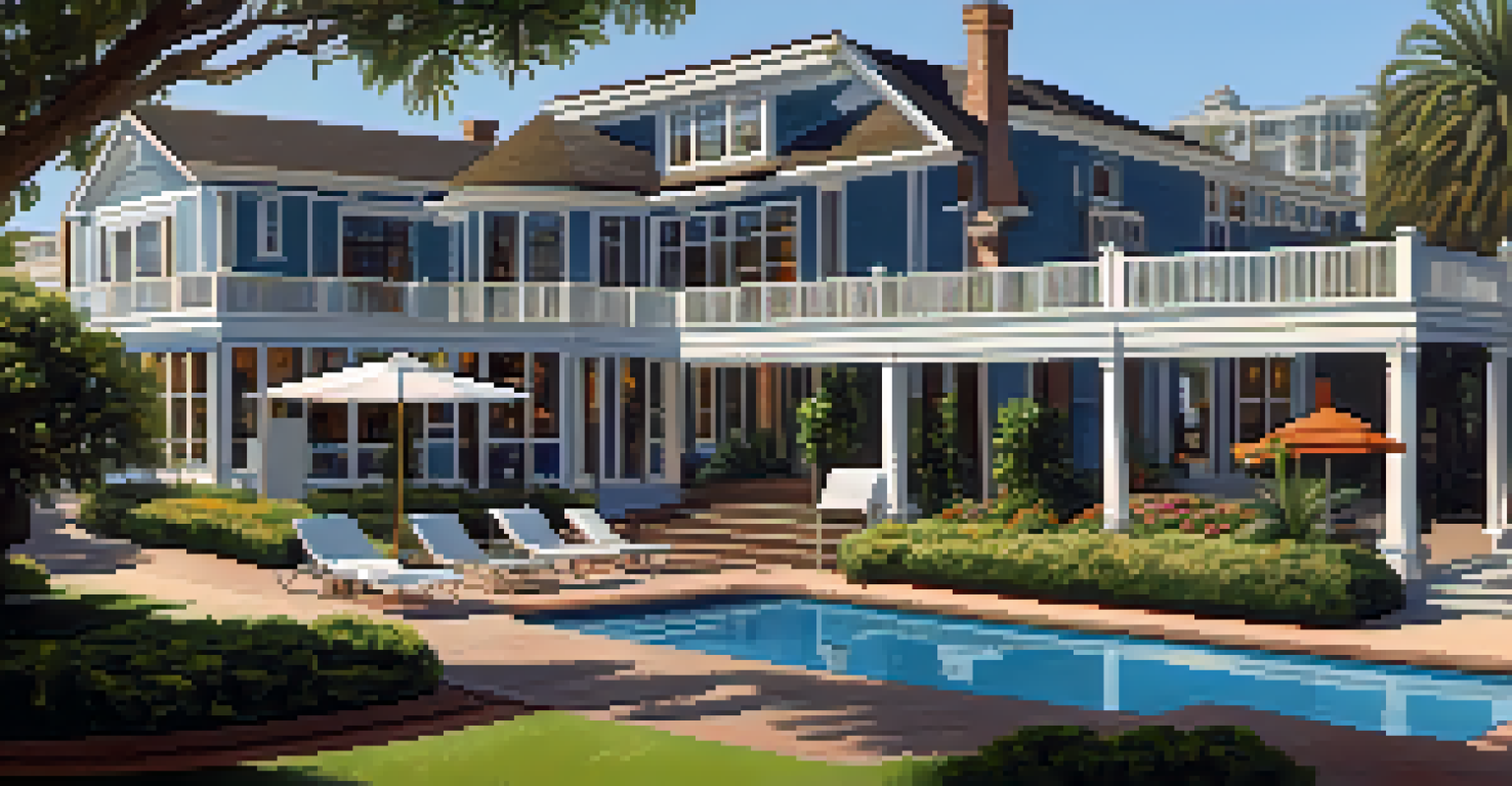 A serene view of Annenberg Community Beach House, featuring lush gardens and a pool area with beach access.