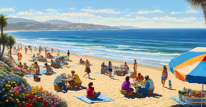 A vibrant beach picnic scene with a blanket, food, and the ocean in the background.