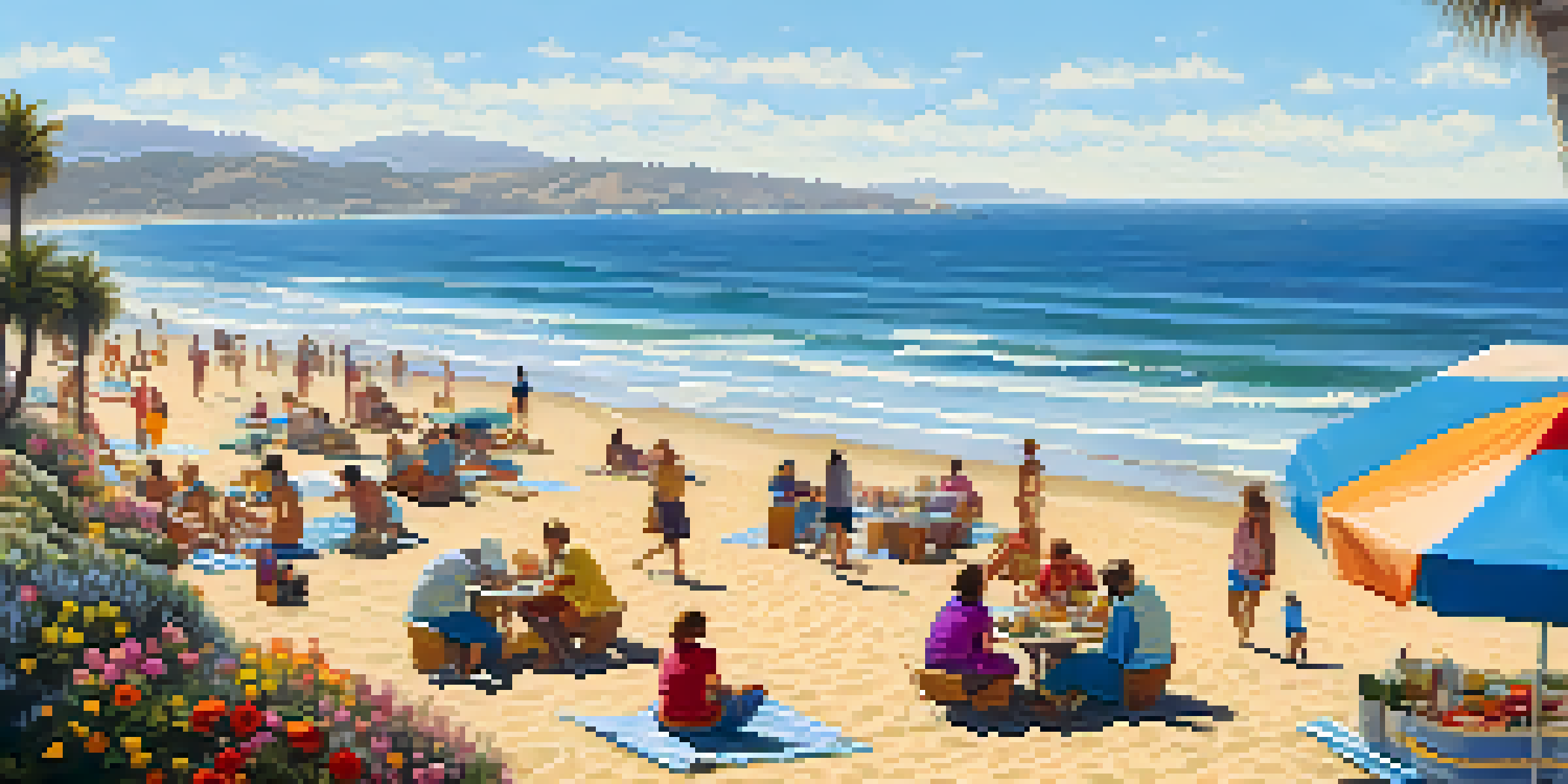 A vibrant beach picnic scene with a blanket, food, and the ocean in the background.