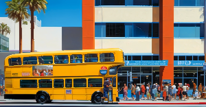 A busy Santa Monica bus station with diverse passengers and colorful buses under a blue sky.