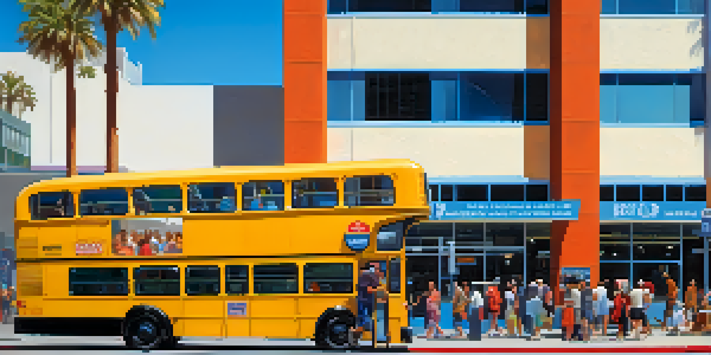 A busy Santa Monica bus station with diverse passengers and colorful buses under a blue sky.