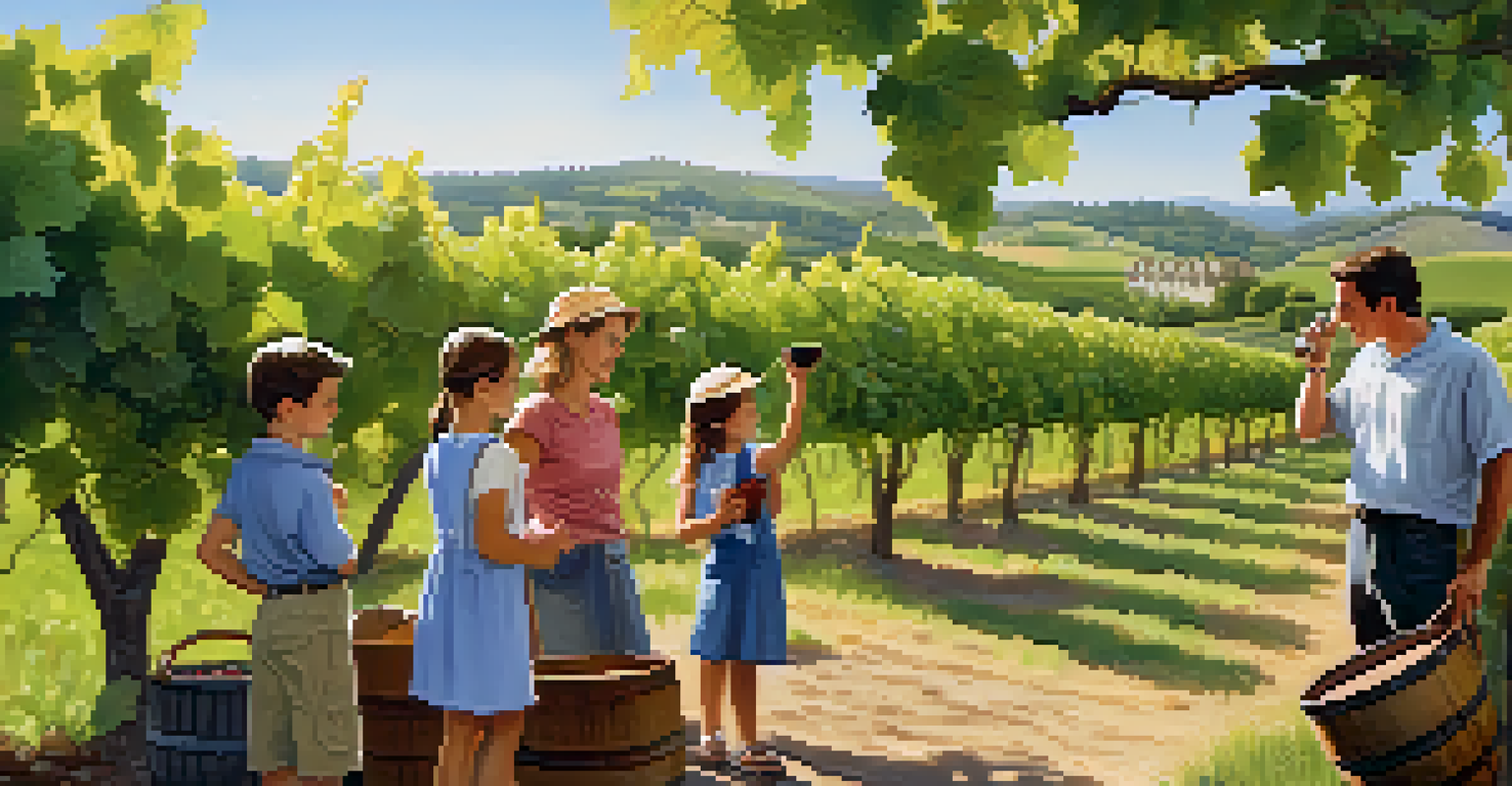 A family enjoying an educational vineyard tour, learning about winemaking with a guide.
