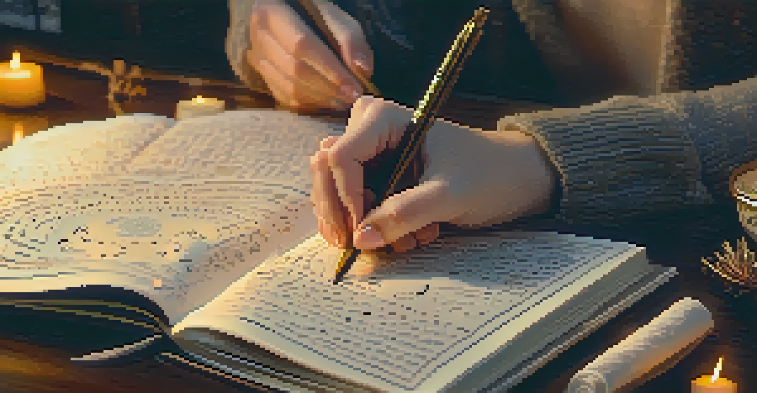 A close-up of hands writing in a journal with astrological symbols and a lit candle in a calming setting.