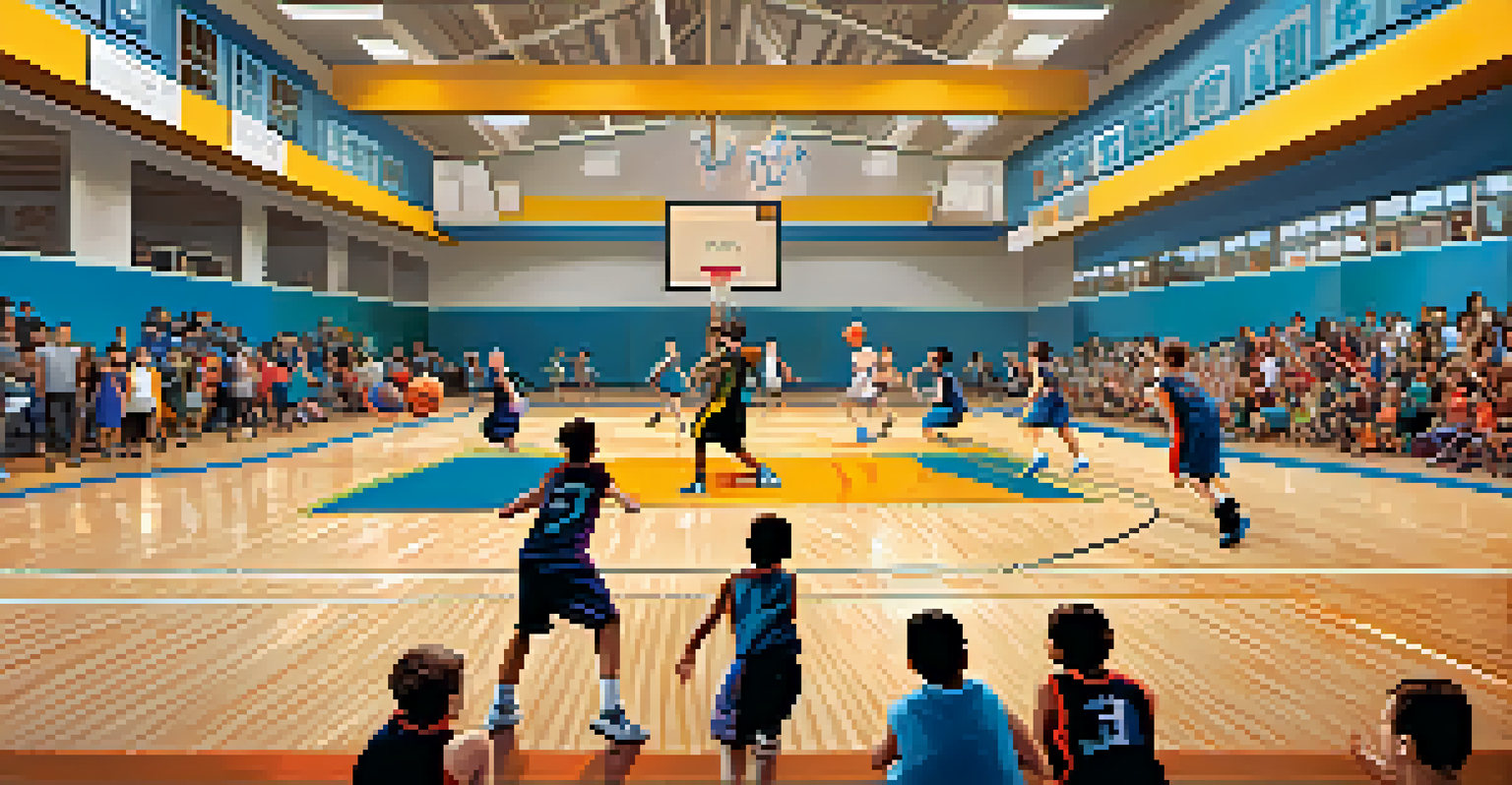 Children playing basketball in a gym, demonstrating teamwork and the excitement of youth sports.