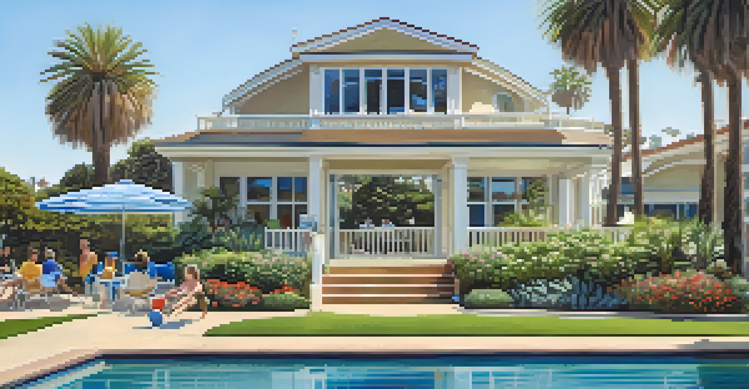 The Annenberg Community Beach House with gardens and a swimming pool, showcasing beachgoers enjoying the coastal view.