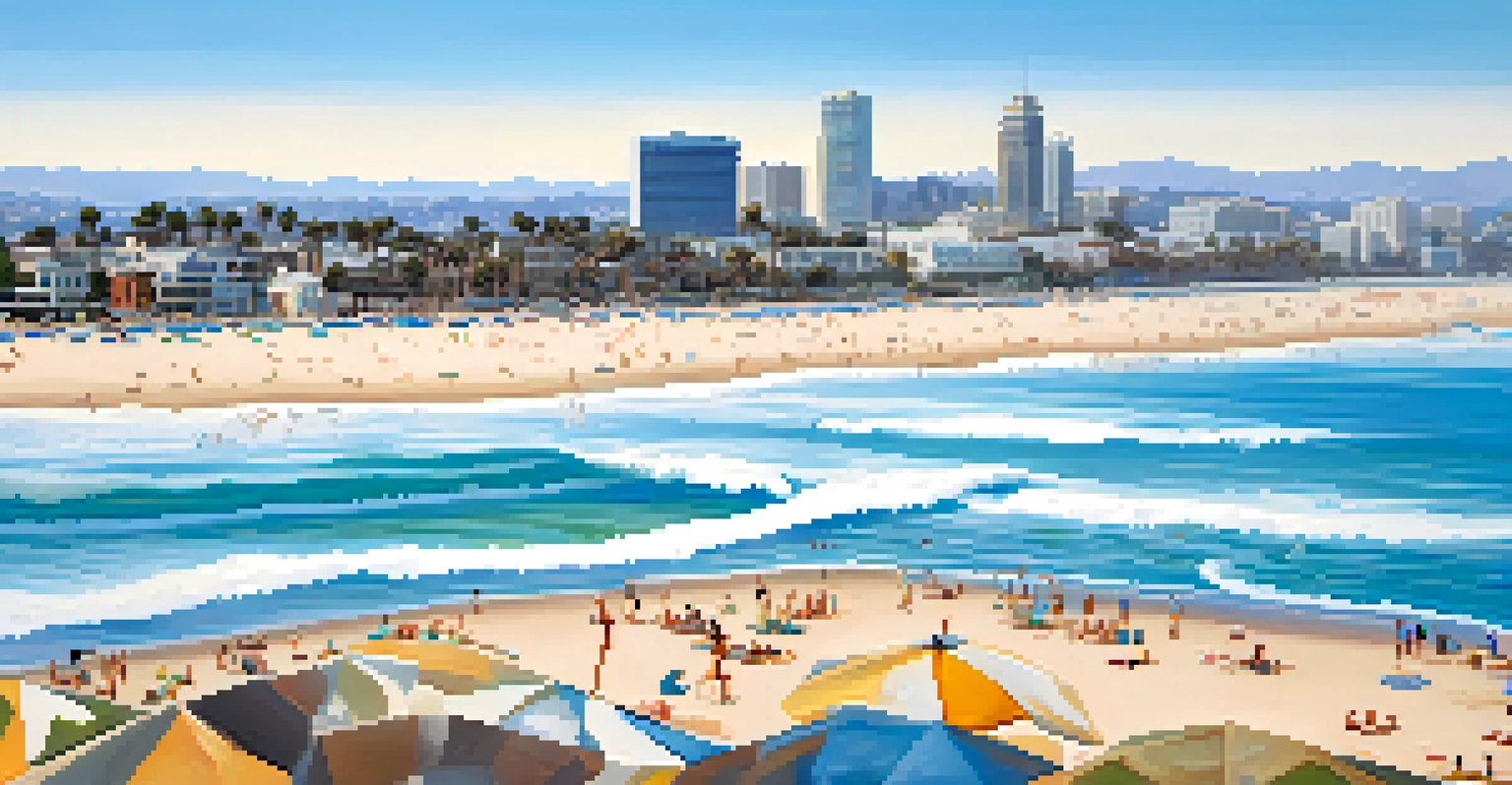 An aerial view of Santa Monica showcasing its beaches and city skyline under a clear sky.
