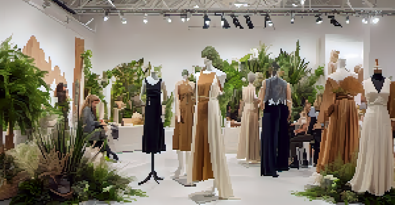 An eco-friendly fashion event in Santa Monica showcasing sustainable clothing and engaged attendees discussing fashion choices.