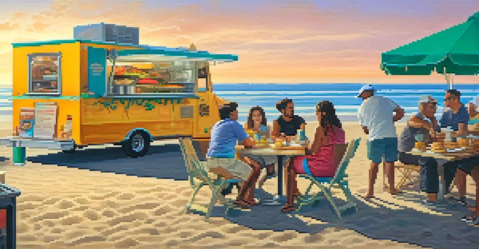 A vibrant beach scene in Santa Monica with taco trucks serving food and people enjoying their meals against a sunset backdrop.