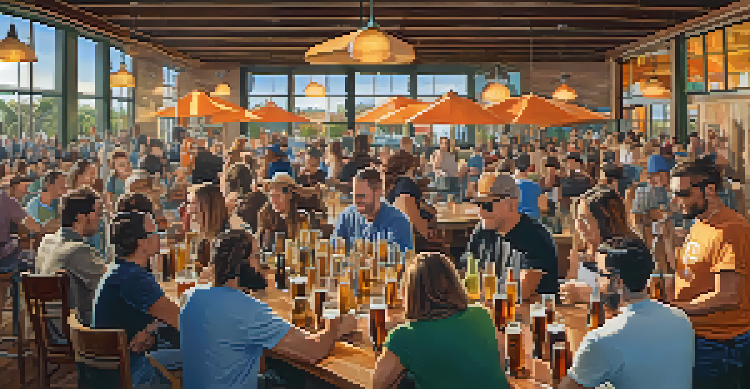 A close-up of a craft beer tasting event displaying various colorful beers on a wooden table, with patrons chatting in the background.