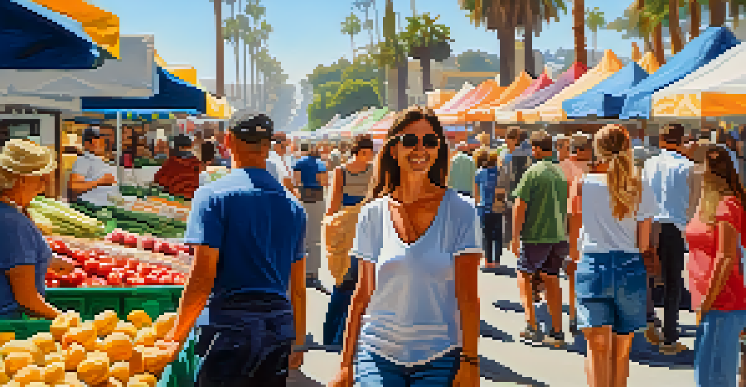A busy farmers market in Santa Monica with diverse vendors offering fresh produce and international foods, showcasing a lively community atmosphere.