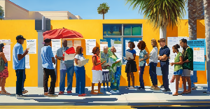 A diverse group of people in front of a polling station, with palm trees and colorful banners promoting voter registration.
