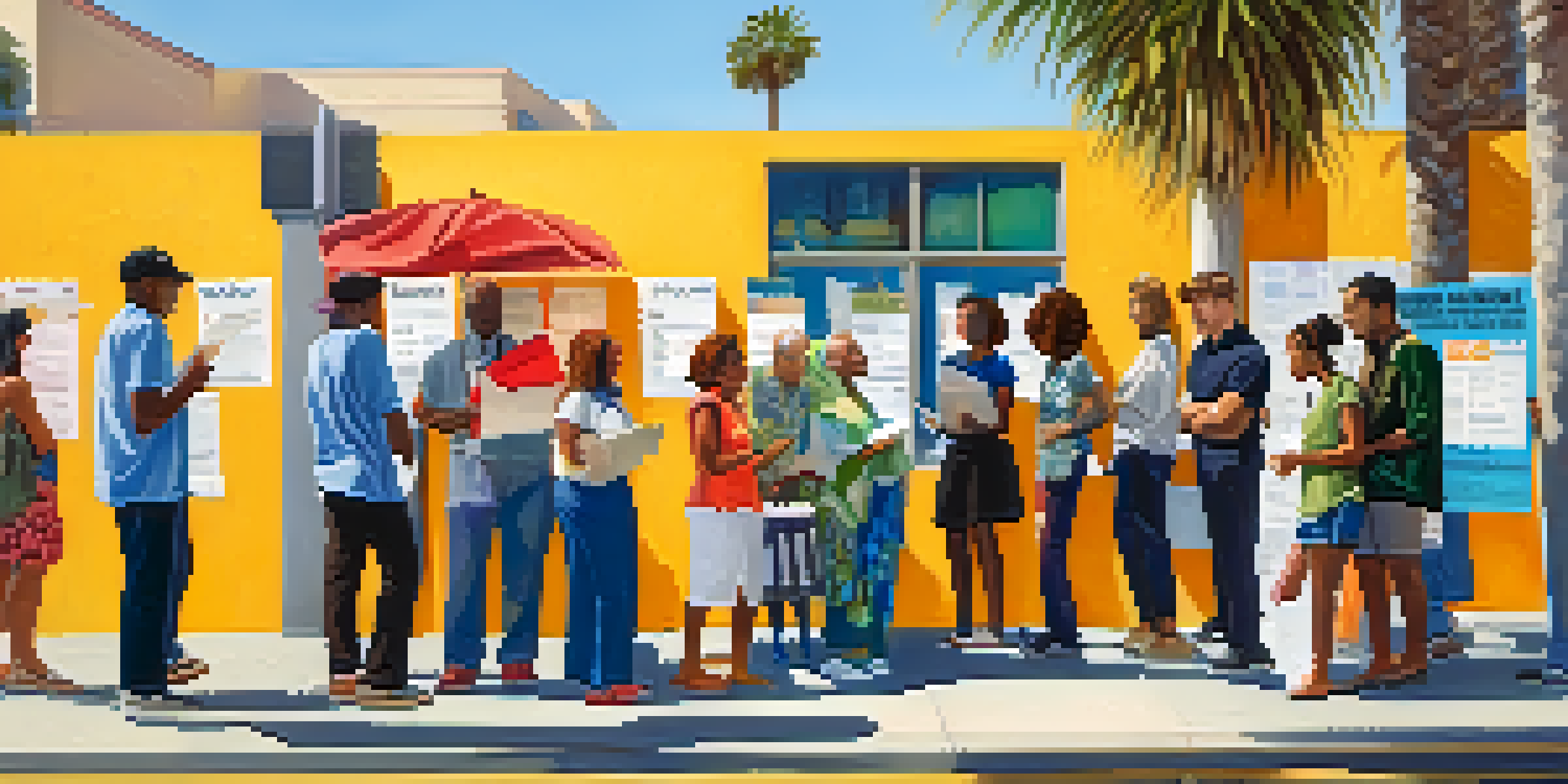 A diverse group of people in front of a polling station, with palm trees and colorful banners promoting voter registration.