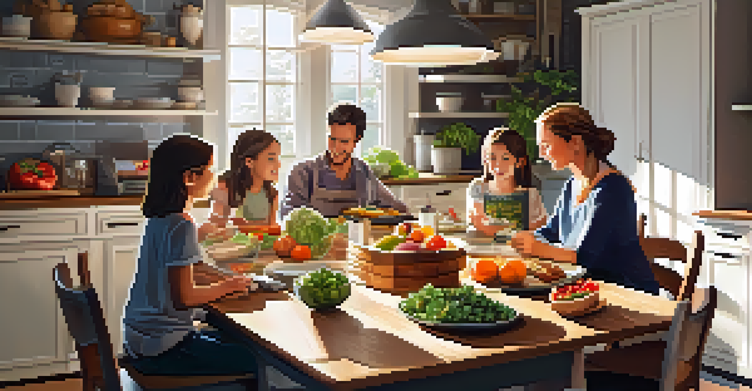 A family in a home kitchen discussing healthy meal preparations with laptops and recipe books, surrounded by fresh ingredients and warm sunlight streaming in.