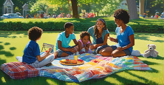 A diverse group of neighbors having a discussion in a park with children playing and flowers blooming.