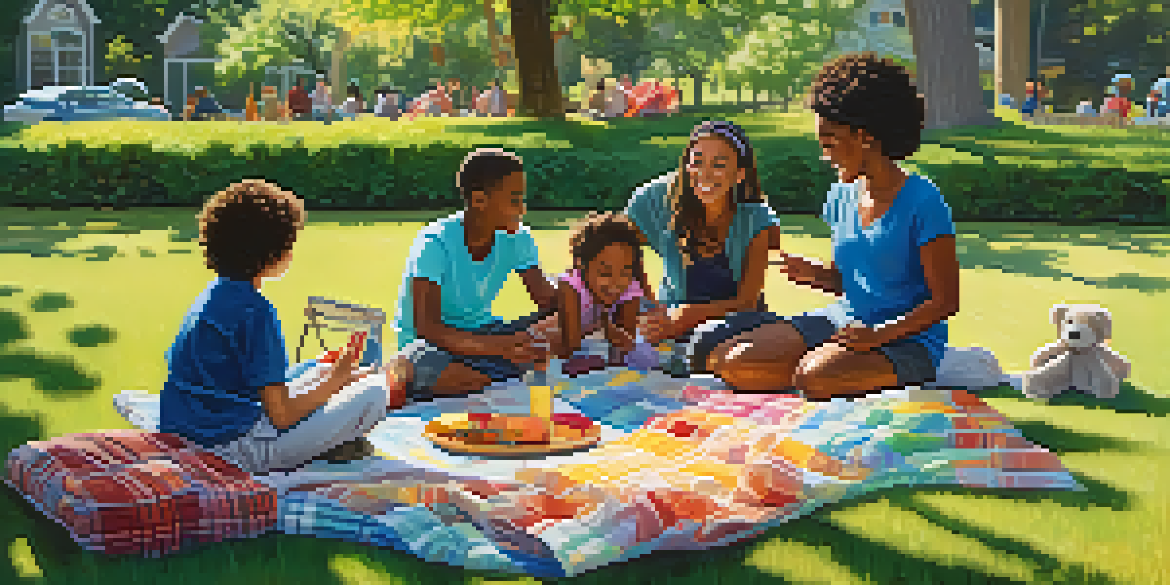 A diverse group of neighbors having a discussion in a park with children playing and flowers blooming.