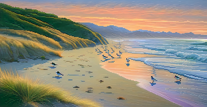 A tranquil beach at sunset with nesting California least terns and colorful skies.