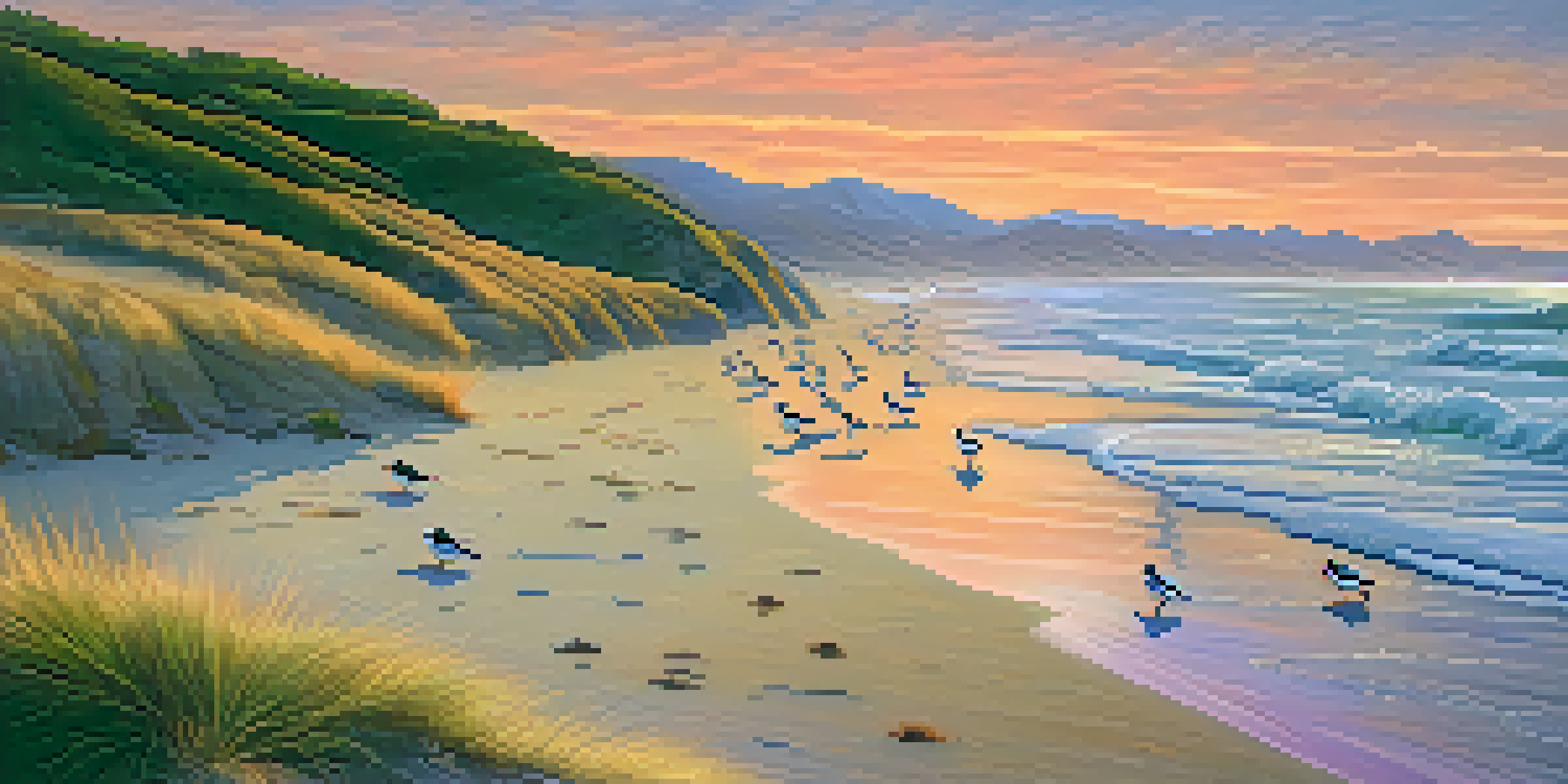 A tranquil beach at sunset with nesting California least terns and colorful skies.