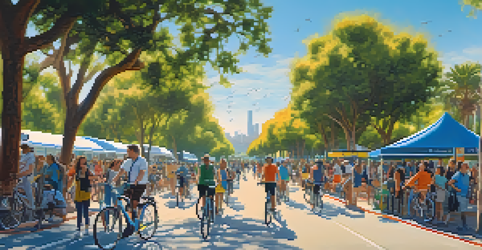 Attendees using eco-friendly transportation at a Santa Monica festival, biking and walking along a scenic path with trees and a shuttle bus in the background.