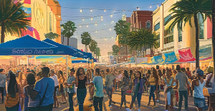 A lively street scene with a crowd enjoying a live music performance at Santa Monica's Third Street Promenade, bathed in warm sunset light.