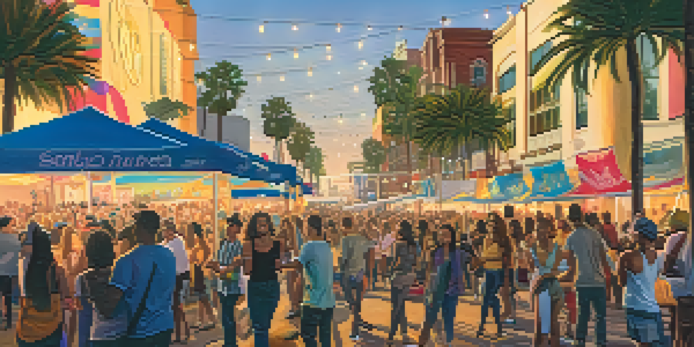 A lively street scene with a crowd enjoying a live music performance at Santa Monica's Third Street Promenade, bathed in warm sunset light.