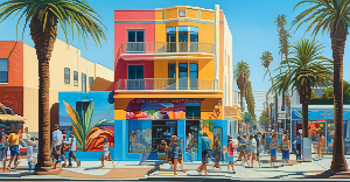 A lively Santa Monica street scene with colorful murals and artists, under a sunny sky with palm trees.